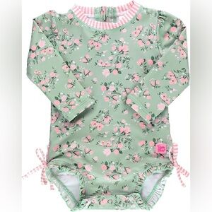 RuffleButts Long Sleeve Rashguard / Swimsuit Pink Floral Green Long Sleeve